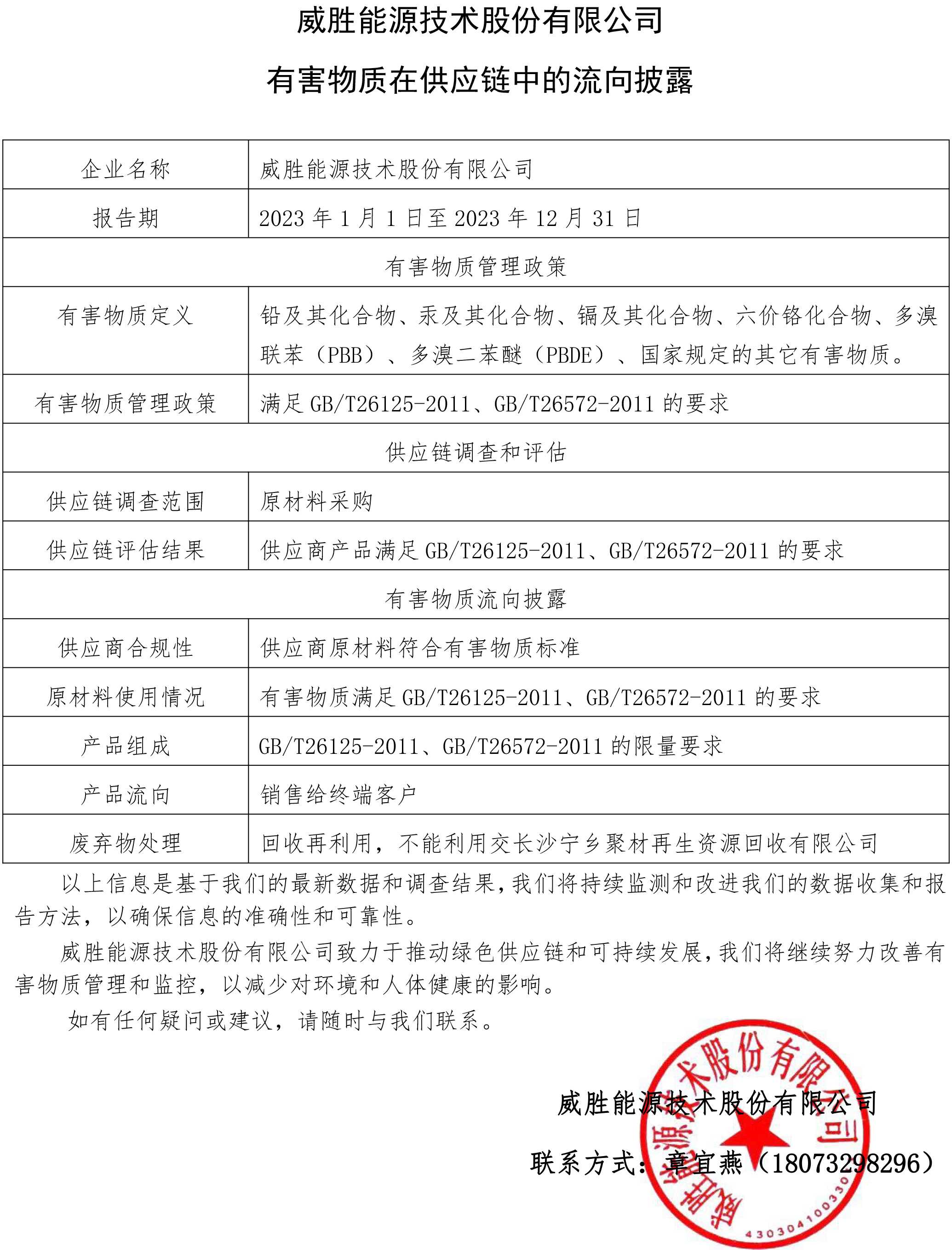威勝能源技術股份有限公司-有害物質在供應鏈中的流向披露
